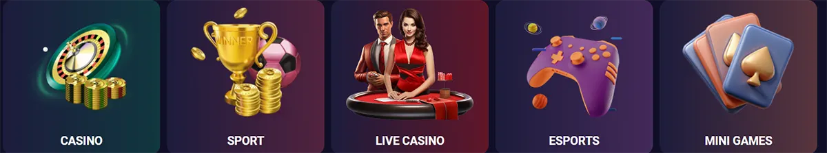 Row of gambling category cards showing icons for Casino (roulette and chips), Sport (trophy and coins), Live Casino (dealer with players at a table), Esports (game controller), and Mini Games (playing cards) on a dark background.